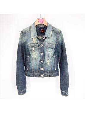 G by Guess Distressed Denim Jacket Blue Button Pockets Collared Women Small